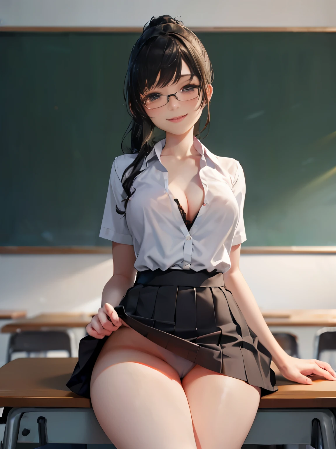 Image in high quality, best quality, best definition, 8k, ultrarealistic, An elegant and sophisticated teacher wearing glasses dresses playfully like an office lady with a short skirt and black socks, revealing her broad chest, cleavage, with long black hair, shiny and silky that reaches to the middle of the back with her ponytail,  smiling with his cheeks slightly pink with a slight blush, extremely detailed eyes, extremely detailed hands.