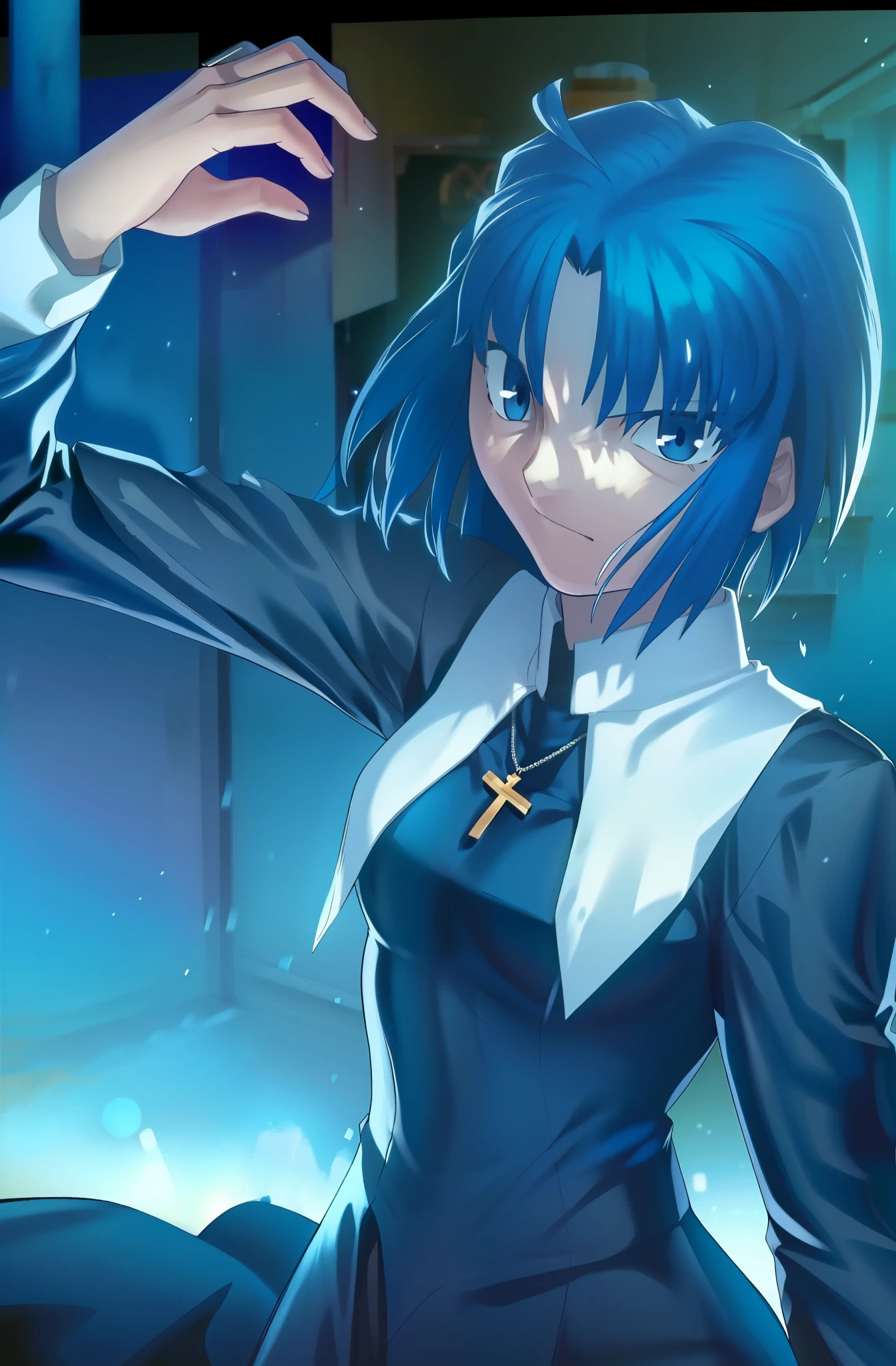 (best quality, 4k, 8k, highres,m asterpiece:1.2), (ultra-detailed:1.6), (realistic,photorealistic,photo-realistic:1.37), slender figure, (soft, delicate features:1.1), (vivid colors), (artistic composition:1.1), ciel_(tsukihime), cowboy shot, 1girl, solo, (long sleeves black dress;1.4), habit open, sad, looking at viewer, antenna hair, (ahoge:1), closed mouth, fingernails, breasts, medium breasts, cross, latin cross, cross, holding, necklace, nun, symmetrical, serious