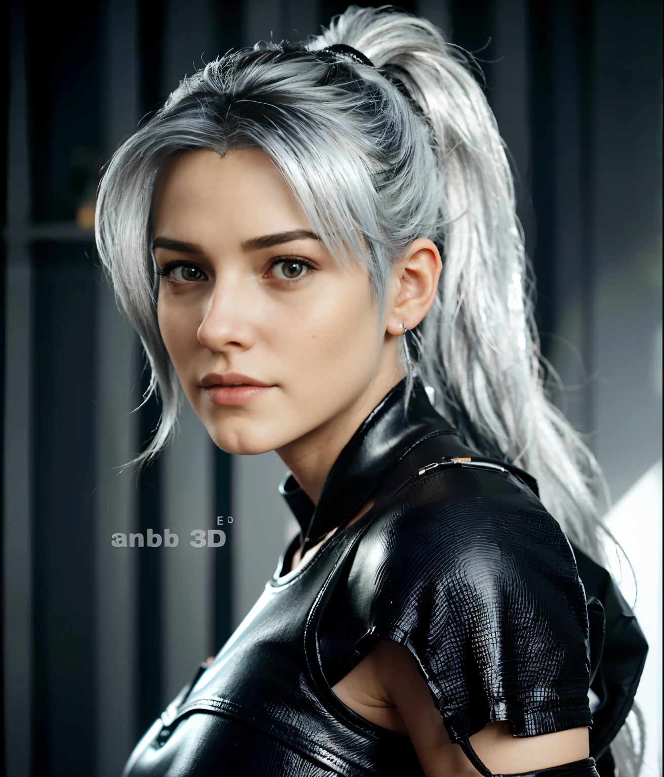 a close up of a woman with a ponytail and a black top, - girl with silver hair, female lead character, tifa lockhart with white hair, 3d character realistic, sci-fi female, sci fi female character, female, for hire 3d artist, 3 d realistic, beautiful female beautiful female, buetifull woman, wearing black t shirt,