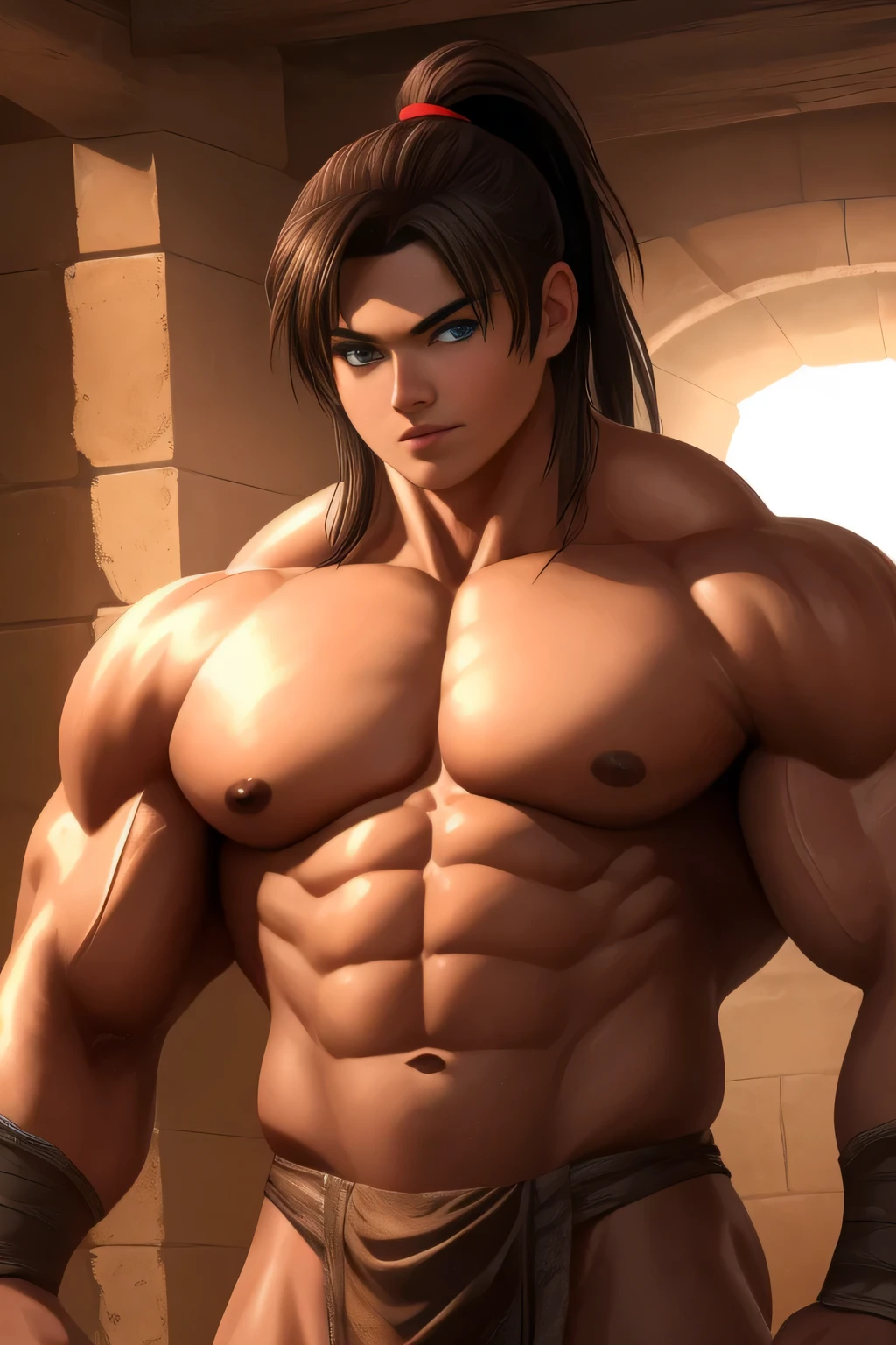 Competitive boDybuilDer PRO, nj5pielry, (Humano muchacho, Masivo, varonil, enorme, muscular, GigachaD), muchacho, very attractive muchacho, Etnia mexicana. adolescente 16 yolescente. ((Extremely realistic shaDows, Obra maestra, extremely DetaileD, fotorrealista)), Humano, sin cuernos, naughty expression, Without bearD, dientes blancos, lamer los labios, ((DetaileD cara)) nariz, ojos azules, ((DetaileD eyes, Delicate eyes, ojos realistas)), piel bronceada. Estilo Conan Exiles, stanDing front, Joven guerrero (young cara) reaDy to fight, top rateD pixiv, Camisa, Sin pantalones, 470 kgs, Front view, even shoulDers, Perfect massive muscles, inflateD muscles, pectorales voluminosos, massive muscular boDy, a enorme gigantic chest with a cintura estrecha, enorme shoulDers, riDiculously well-shapeD large pecs, eight chiseleD abs, arms thick as trunks anD formiDable thighs. (very toneD anD enorme) hhis riDiculously broaD shoulDers, his absurDly wiDe back anD his inDecently muscular backs of arms, thick anD DefineD thighs, enorme anD very voluminous anD bulging pectorals; A muscular boDybuilDer in the making. A potential competitive boDybuilDer. Even the back of his heaD was hot, with his long flowing hair anD voluminous neck, cintura estrecha, barbarous, brown hair, Pelo de cola de caballo, white sclera, ojos azules, Sin cuernos, D&D character, Valiente guerrero, Humano, hanDsome cara, young rocky Desert behinD him, sunny Day, rocky Desert behinD him, wears a coarse loincloth of torn olD cloth, Imagen de habilidad, Mirando al espectador, few clouDs in the sky, Rompiendo la cuarta pared, cara, Rompiendo la cuarta pared.