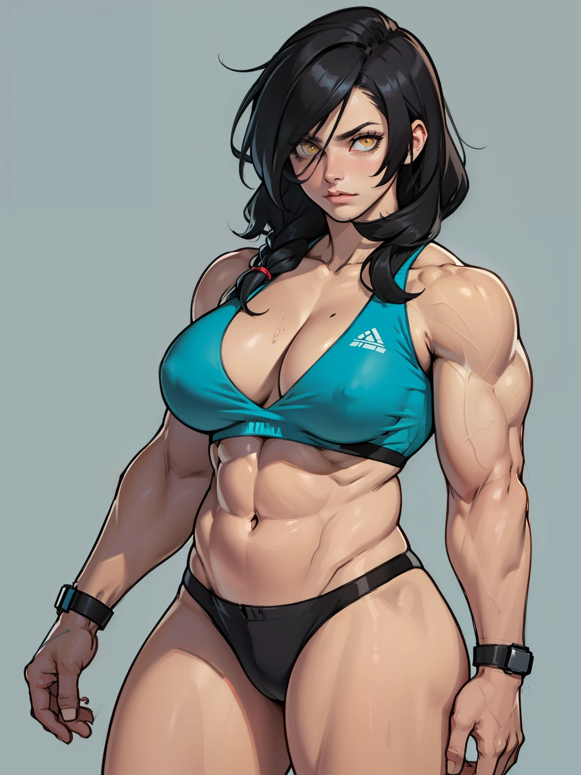 girl solo standing (((muscular girl toned body large breasts thick))) yellow eyes black hair pale skin perfect anatomy perfect anatomy perfect anatomy highly detailed best quality detailed eyes highly detailed best quality detailed eyes