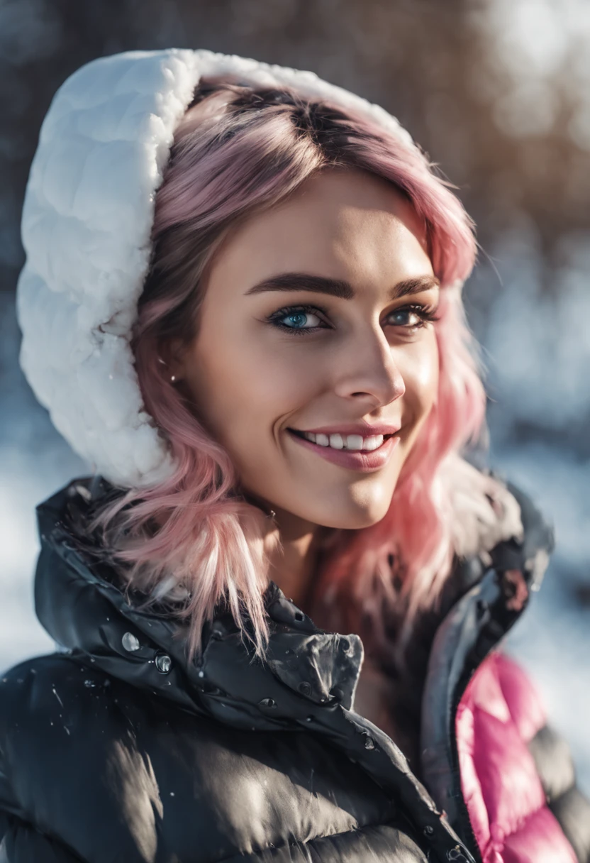 ultrarealistic high quality photo of a beautiful young busty european woman with cute face and brunette with dyed pink-white streaks long messy bob and beautiful smile, round steel-blue eyes,wearing a shiny black puffer snow , full body outdoor photography