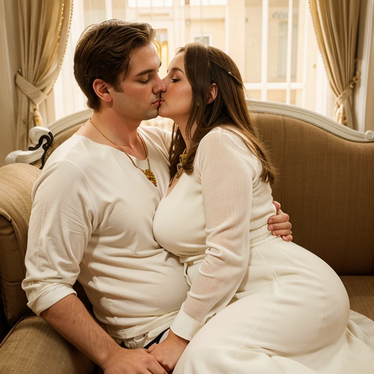Cuckold chubby white hotwife, brown hair, wedding dress, golden necklace, tall man, romantic,man kissing, sitting on sofá,hotel fountain, illustrations, ultra-detailed, realistic, vivid colors, full body picture, warm tones, soft lighting