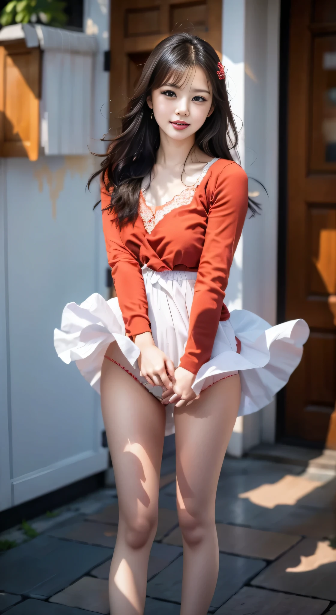 (top-quality、8K、32K、masterpiece、nffsw:1.2)、Photo of a cute Japanese woman、(mournful smile、red blush:1.1)、Pink dress skirt with beautiful details that make the viewer stare.:1.2)}}、Detailed legs、(Spread legs:0.9)、(Lace pantie:0.9)、{{(wind lift:1.6)}}、full body Esbian、the wind、城市、outside of house