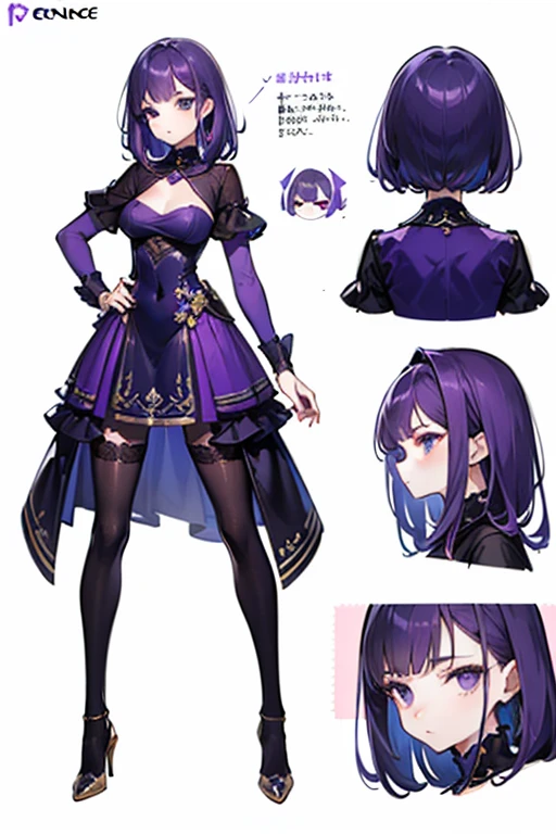 ((Masterpiece, Highest quality)), Detailed face, CharacterDesignSheet, full bodyesbian, Full of details, Multiple poses and expressions, Highly detailed, Depth, Many parts,Purple-haired beautiful girl,Slim figure,emaciated,purple dress,Purple high heels,black lence stockings