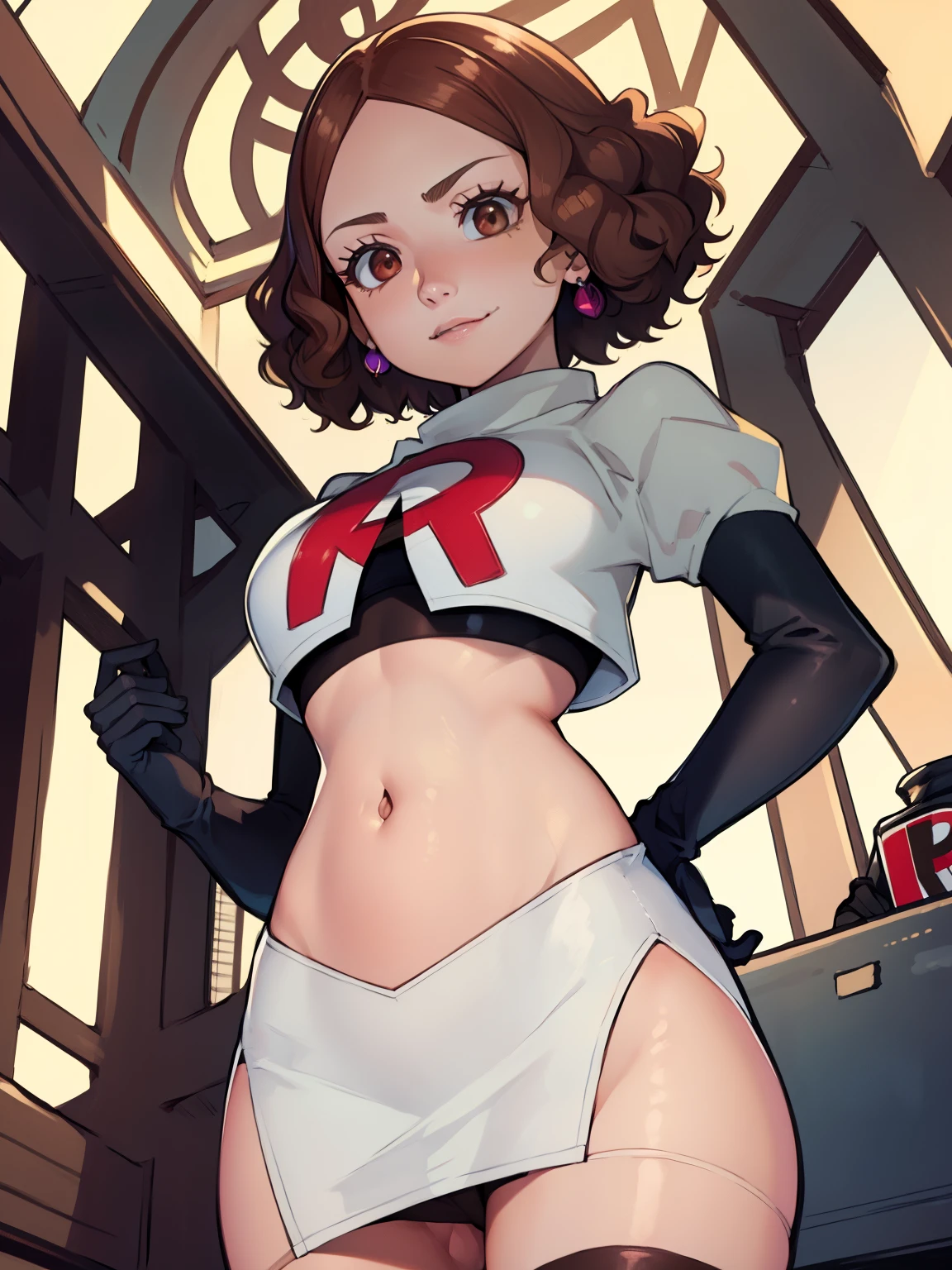 haru okumura, (brown eyes:1.5), brown hair, short hair, ,glossy lips, light makeup, eye shadow, earrings ,team rocket,team rocket uniform, red letter R, white skirt,white crop top,black thigh-high boots, black elbow gloves,evil smile, looking down on viewer,  hands on hips