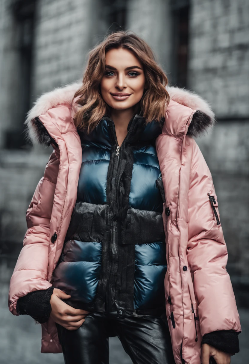 ultrarealistic high quality photo of a beautiful young busty european woman with cute face and brunette with dyed pink-white streaks long messy bob and beautiful smile, round steel-blue eyes,wearing a metallic black puffer snow , full body outdoor photography