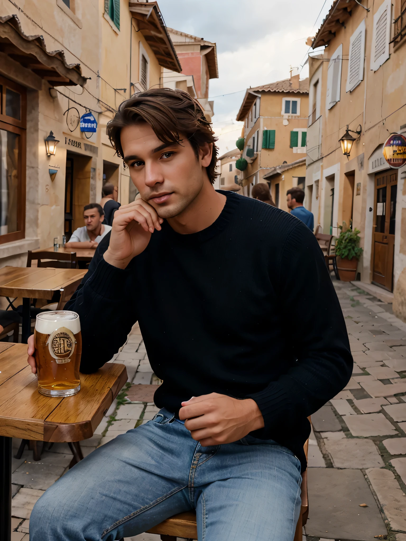 beautiful Caucasian man with very short brown hair and brown eyes sitting at a table outside a bar in a small village in Sardinia, beer on the table, cloudy weather, dressed in jeans trousers and black sweater