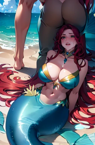 1girl, 1boy, Industrial Areas , mermaid , the little mermaid, Ariel, Aqua hair,  side Part hair, 1girl, (big breasts:1.1), collar, hetero, (light-skinned male:1.2) thighhighs,solo focus,deep cleavage,deepthroat,throat bulge,midriff,,thick thighs,(huge testicles), vomcum, excessive cum, drenched in cum,  (topheavy:1.2),(skinny:1.4),,