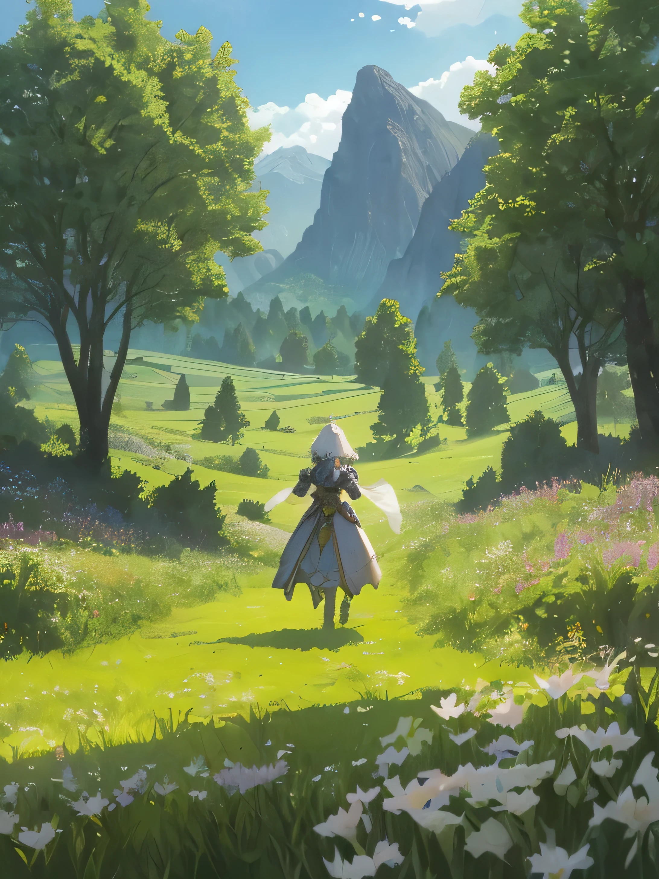 In a lil whorieee green meadow stands a girl leading a group of knights.
BREAK
With a brave expression, she guides them towards their destination.
BREAK
Behind her, a green forest stretches out and beyond that, mountains rise in the distance.
BREAK
The most suitable effect for this scene would be a watercolor painting technique to capture the softness of the meadow and the fluidity of the movement.