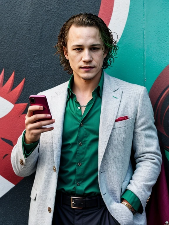 ((sfw)), add_detail, tmasterpiece, filmstill, full joker (Heath Ledger) Joker face makeup ,  as Santa Claus from the area, gang leader, 34 years old, Soviet Union, moscow , 1980s, highly detailed style, soft watercolors, street art and other elements, holding an iPhone in his hand , against the backdrop of an emerald background