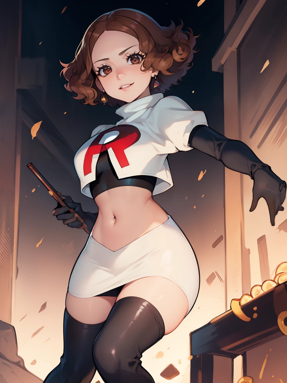 haru okumura, (brown eyes:1.5), brown hair, short hair, ,glossy lips, light makeup, eye shadow, earrings ,team rocket,team rocket uniform, red letter R, white skirt,white crop top,black thigh-high boots, black elbow gloves,evil smile, sexy poses