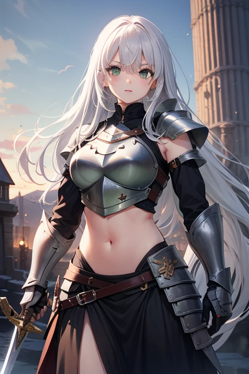 Tall girl, Long white hair, Green eyes, knight armor, Sleeveless, open belly, Sword and Shield, combat stance, Masterpiece, hiquality