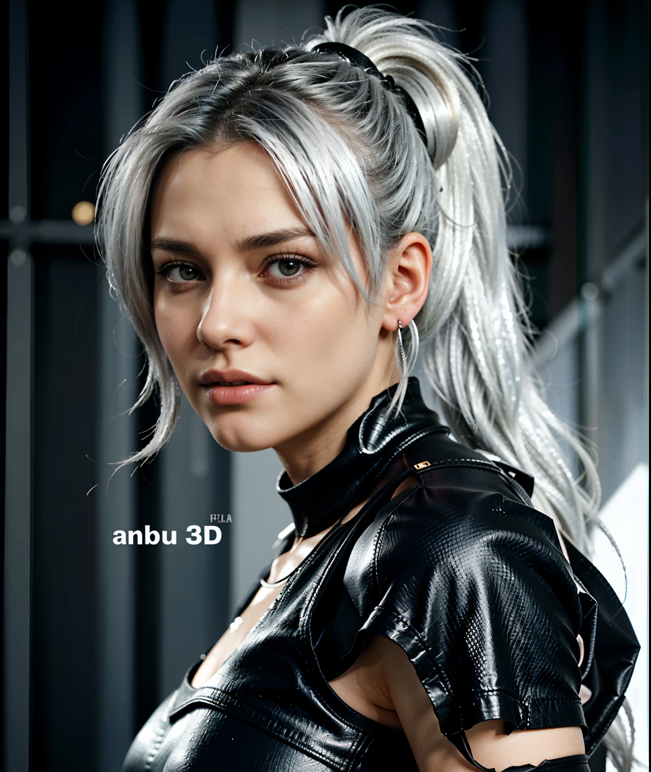 a close up of a woman with a ponytail and a black top, - girl with silver hair, female lead character, tifa lockhart with white hair, 3d character realistic, sci-fi female, sci fi female character, female, for hire 3d artist, 3 d realistic, beautiful female beautiful female, buetifull woman, wearing black t shirt,
