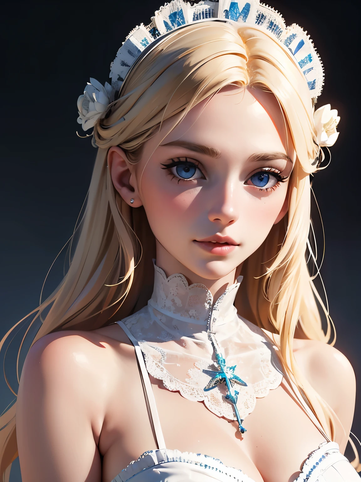 (best quality, 4k, 8k, high resolution, masterpiece: 1.2), ultra detailed, (realistic, photorealistic, photorealistic: 1.37), wearing a sexy white lace victorian dress, beautiful detailed blue eyes, beautiful blonde hair detailed, beautiful detailed lips, highly detailed eyes and face long detailed eyelashes, illustration of 26 year old Virginia Otis blonde hair blue eyes cute face younger, slimcute pixar studio style face very sexy and very young, 26 years old., white skin, 18 years old, ( bare breasts), sideboob , happy, smiling, (blushing), posing on a castle