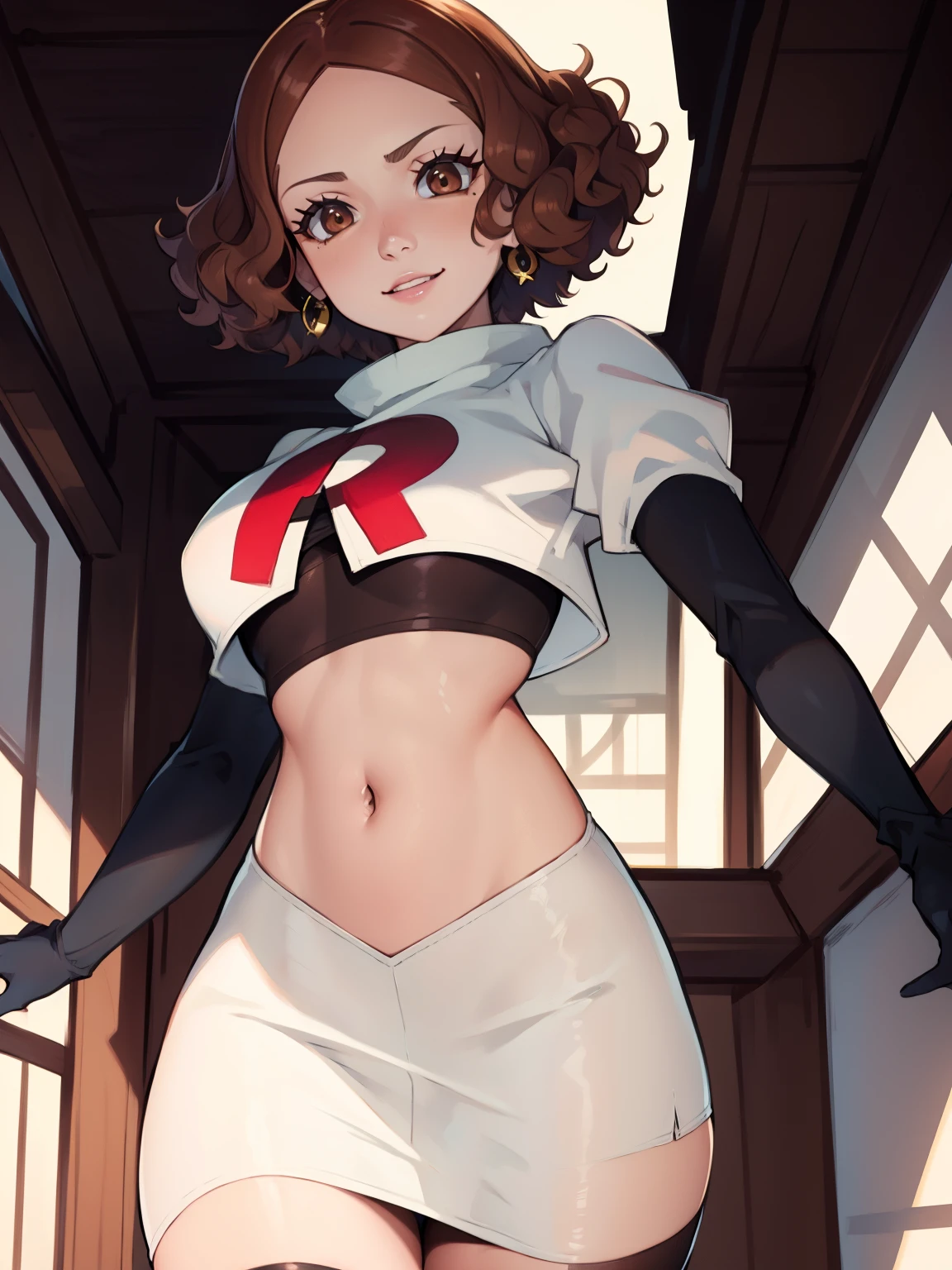 haru okumura, (brown eyes:1.5), brown hair, short hair, ,glossy lips, light makeup, eye shadow, earrings ,team rocket,team rocket uniform, red letter R, white skirt,white crop top,black thigh-high boots, black elbow gloves,evil smile, sexy poses