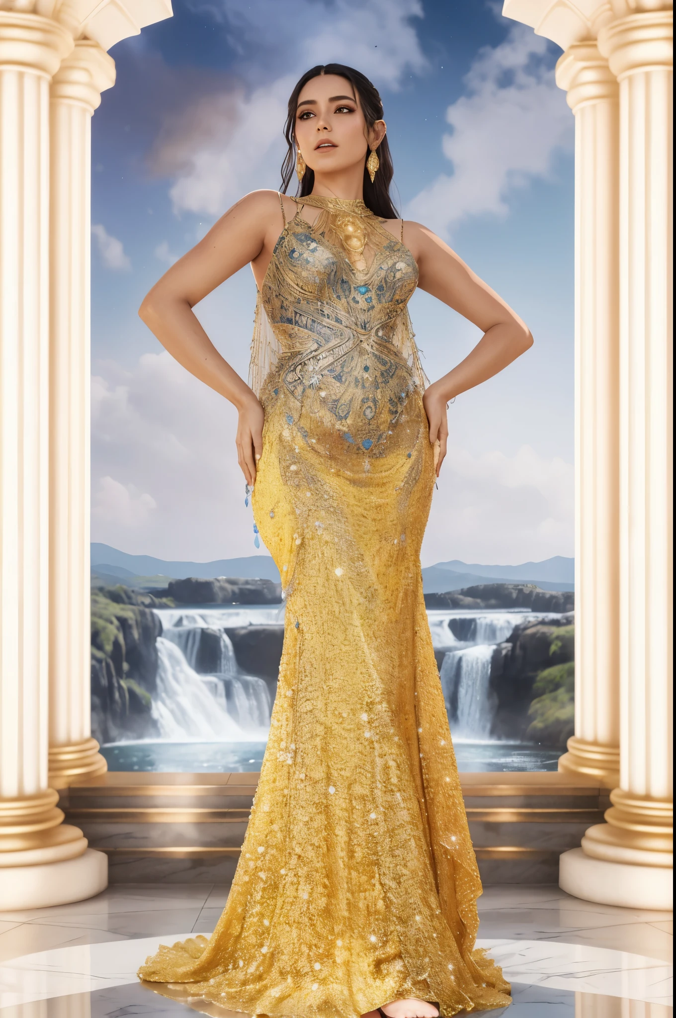 tiro de longitud del cuerpo, Editado, Diosa dorada Atenea,fantasy long intricate gown, con un vestido de oro gossamer, Foto de cuerpo entero, Plano ancho de cuerpo completo, vestido real, vieodrays cinematic sky background)), con una cascada al fondo, vestido real,