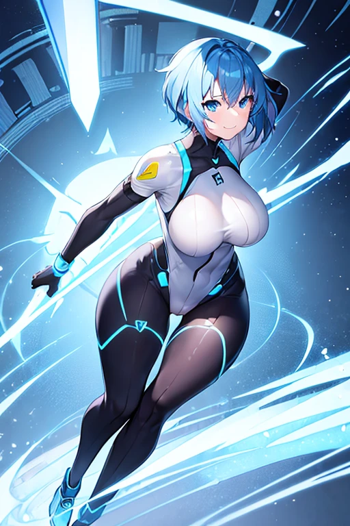 1girl, white skin, light skin, smile, light smile, blue hair, short hair, blue eyes, large breasts, breasts, wide hips, black bodysuit, bodysuit, sleeves, short sleeves, pantyhose, futuristic, science-fiction, neon trim, neon, full_body, ((full body)), standing, fighting stance