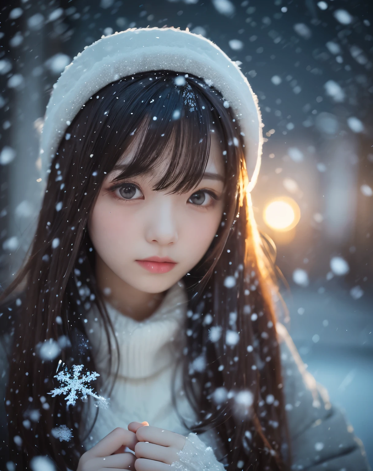 (muted colors:1.4), (faded photo:1.3), polaroid photo, (film grain:1.3), depth of field, (bokeh:1.1), (light and shadow:1.1),(snowing:1.5), starry night, winter sky, snowflake, (bokeh:0.9), blurry