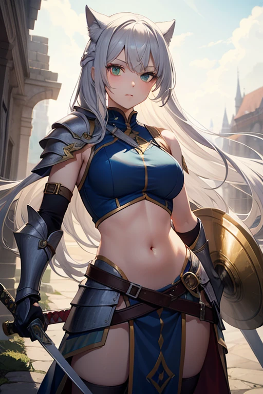 Tall girl, Long white hair, Green eyes, knight armor, Sleeveless, open belly, Sword and Shield, combat stance, Masterpiece, hiquality
