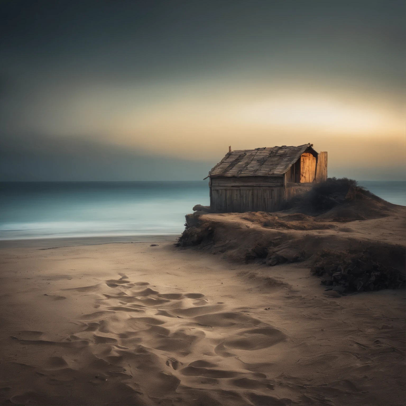 Plage solitaire avec fond marin calme, A shadow in the shape of a walker, starry night, Thick fog on the ground, Blue light on the horizon, Moteur Unreal 5, cutscene, Low-angle photography, Flou de mouvement, Profondeur de champ, dust, Pavers and dirt. Splash art, drip paint. Perfect color gradient. Influenced by Karel Appel and Jeremy Mann, Full of dramatic and menacing scenes, Hiperdetallado, beau, Incredible details, intricate high detail, Editorial photography, Prise de vue avec un objectif de 50 mm, Profondeur de champ, Tilt Blur, Shutter Speed 1/1000, f/22. Cartes lumineuses, super lumineux/ ((9 castaways, survivants, on an island, construction d'une cabane, d'un abris))