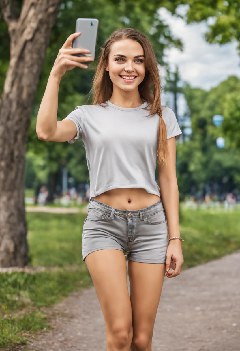 ultrarealistic high quality photo of a beautiful young european woman with cute face and brunette pigtails hair and beautiful smile, wearing casual wet t-shirt and silver spandex shorts, full body outdoor photography, public park with many other people, taking a selfie