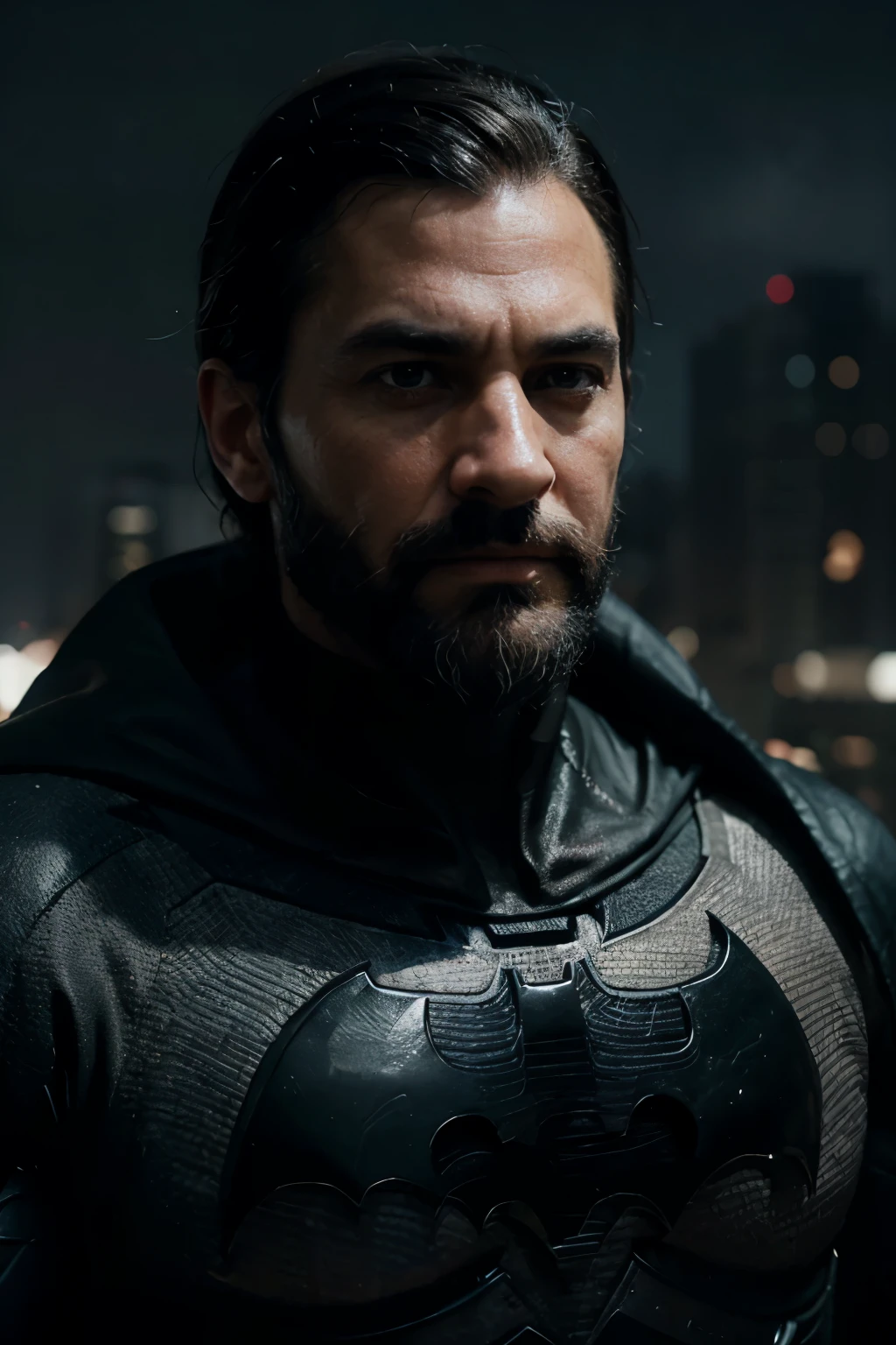"Type of Image: hyperrealistic portrait of Batman with beard. Subject Description: A mature Batman with black hair and black beard and a seasoned cape, embodying the passage of time and a mix of determination and reflection. Art Styles: Realism with a touch of iconic Superman elements. Art Inspirations: Influenced by aged superhero character studies on Behance and Deviantart, exploring a mix of realism and iconic superhero features. Camera: Close-up shot with a wide-angle lens for a cinematic view of the aged batman. Render Related Information: Opt for a cinematic render with ambient lighting, creating a visually striking atmosphere.", hyperrealistic, real life image, portrait