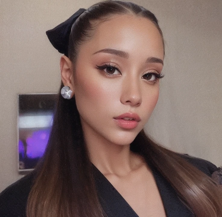 plucked woman with long hair wearing a black blouse and a bow, portrait of Ariana Grande, Ariana Grande, Ariana Grande as a sith, Poarch bonito, Cl, cabelo em rabo de cavalo baixo liso, Ariana Grande in star wars, taken in the early 2020s, Ariana Grande photography, olhando para o lado, Pokimane, painting of Ariana Grande