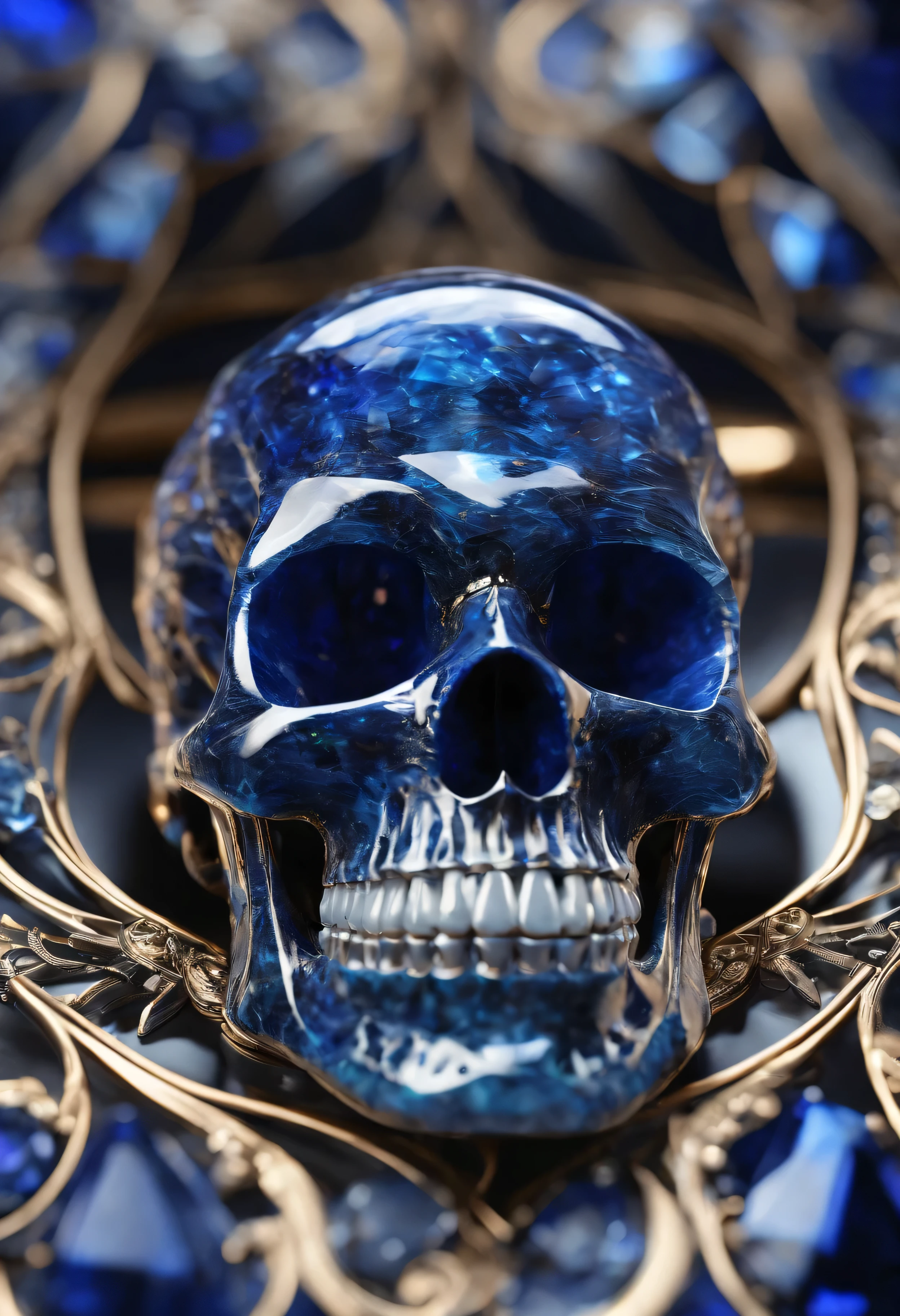 Close-up photograph from the ((front-left hand side)) of a highly detailed ((Sapphire Skull)), the (skull is solid sapphire:1.6), highly polished sapphire, (best quality,4k,8k,highres,masterpiece:1.2), ultra-detailed, (realistic,photorealistic,photo-realistic:1.37), HDR, UHD, studio lighting, (Glass-like material), vibrant colours, surreal, intricate details, mesmerizing, ethereal,  reflections, product atmosphere, captivating, clean, light refractions, kaleidoscopic reflections