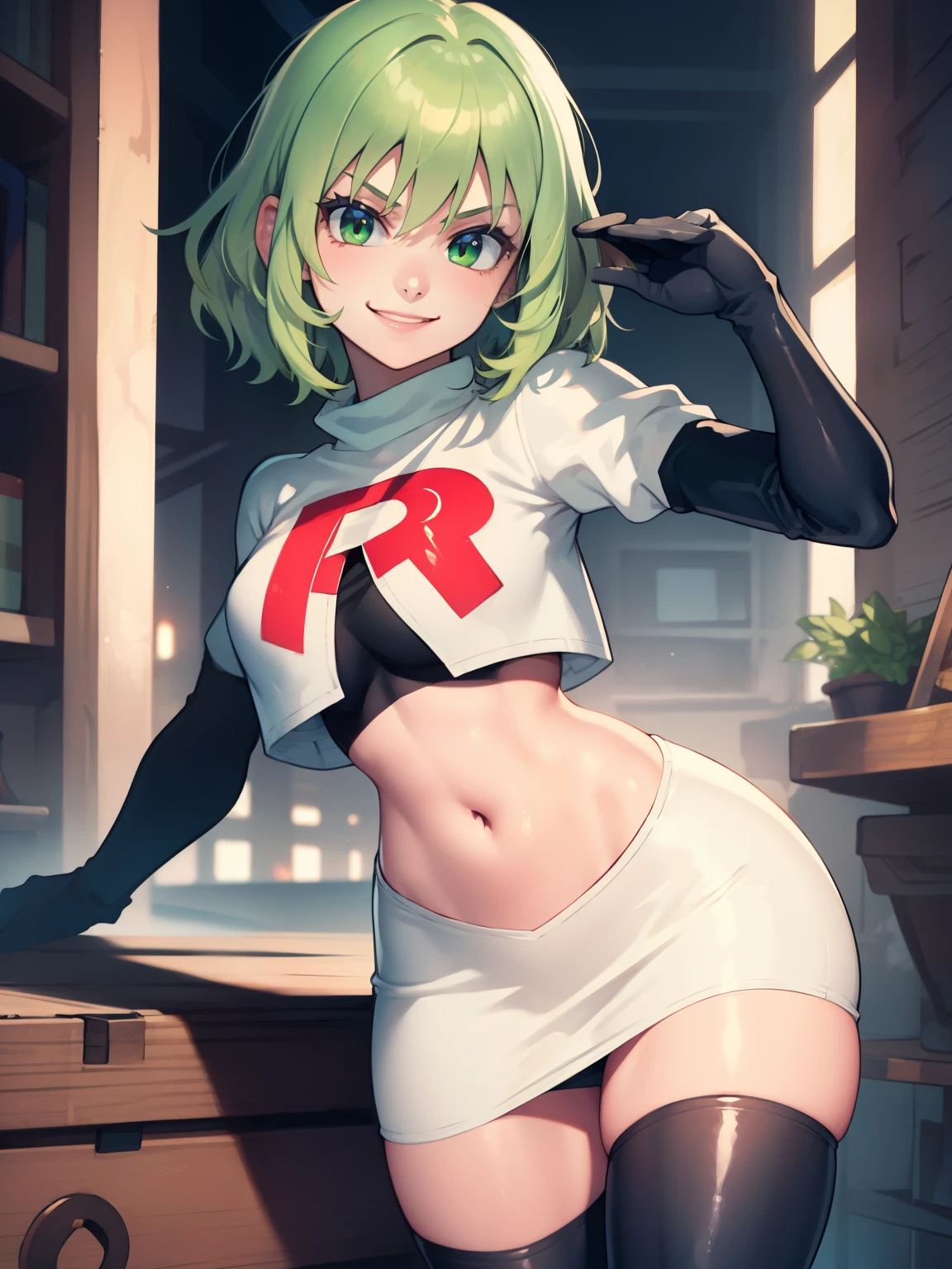 fembyleth, very short hair, light green hair ,glossy lips ,team rocket uniform, red letter R, white skirt,white crop top,black thigh-high boots, black elbow gloves, evil smile, looking at viewer, cowboy shot