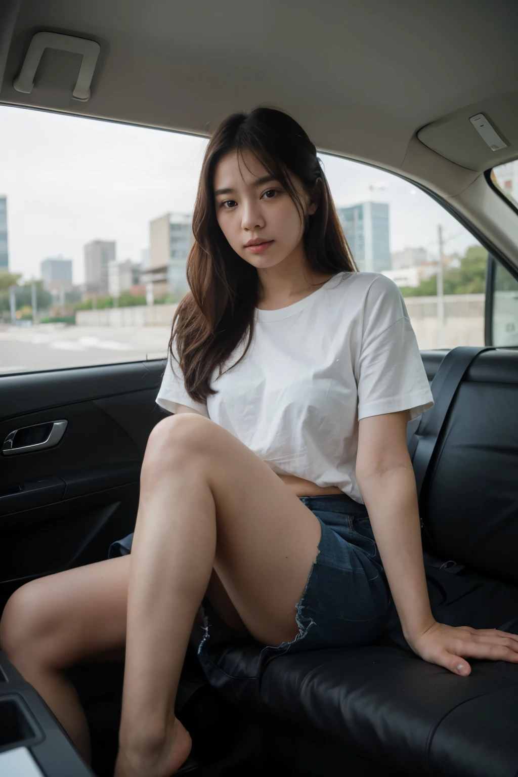korean girl named seo sitting in taxi very realistic