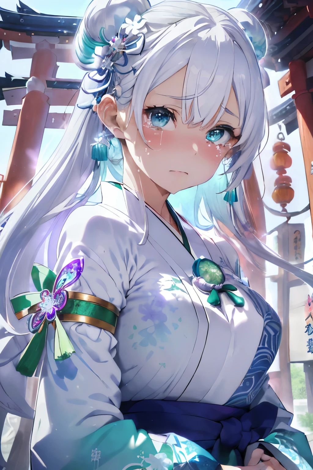 (white hair:1.2),(Twin-tailed:1.2),(Light purple eyes),(With bangs),(First visit to a shrine:1.25),(colourfull:1.2),(Staring at me),(Japanese pattern clothing:1.4),(accessories like flowers and crystals:1.3),(Lower breast:1.5),(Transparent double sleeve long sleeves:1.5),(chest protruding from clothes,:1.4),(Crying:1.3),(A clinging face:1.35),Slight red tide,(Kamimei),(Close-up of face 1.5),(blue and white and light blue and green:1.25),(front view:1.6),