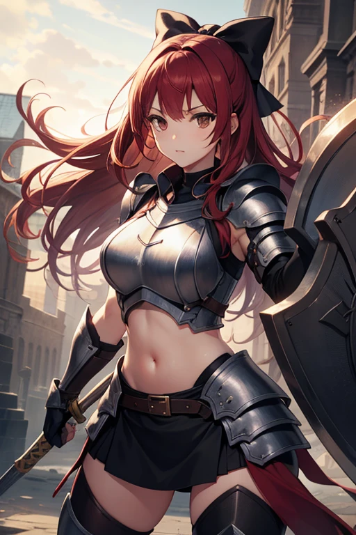 Tall girl, Long red hair, black eyes, knight armor, Sleeveless, open belly, Sword and Shield and bow, combat stance, Masterpiece, hiquality