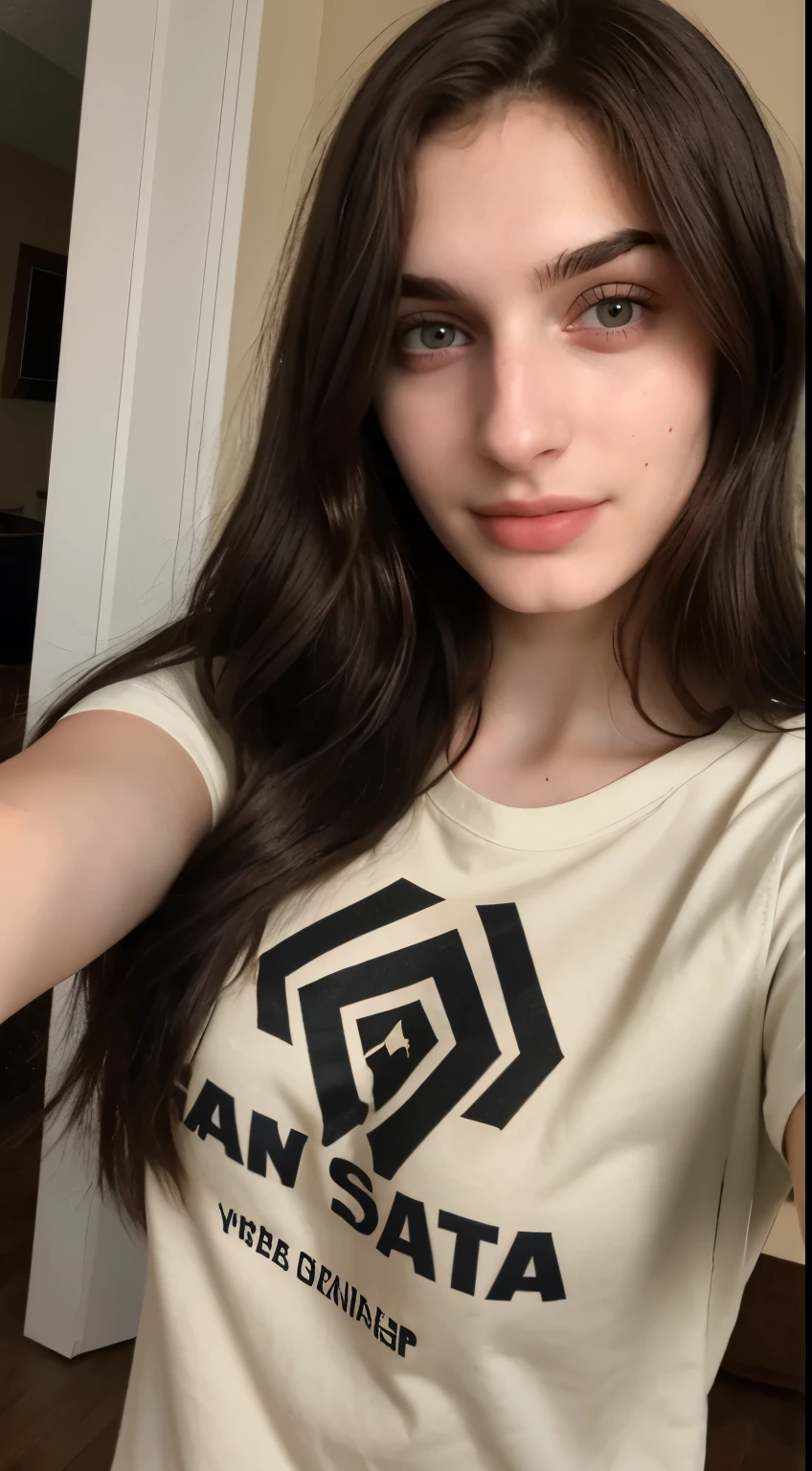 ((Front facing camera selfie)), 18 yo girl named Zahra Amiri, (straight nose), (prominent nose bridge), (female face golden ratios), long dense dark brown hair, (pale skin:1.25), (hazel eyes), thin eyebrows, high cheekbones, beautiful plump lips, big natural breasts, wearing tshirt, apartment background, smirk