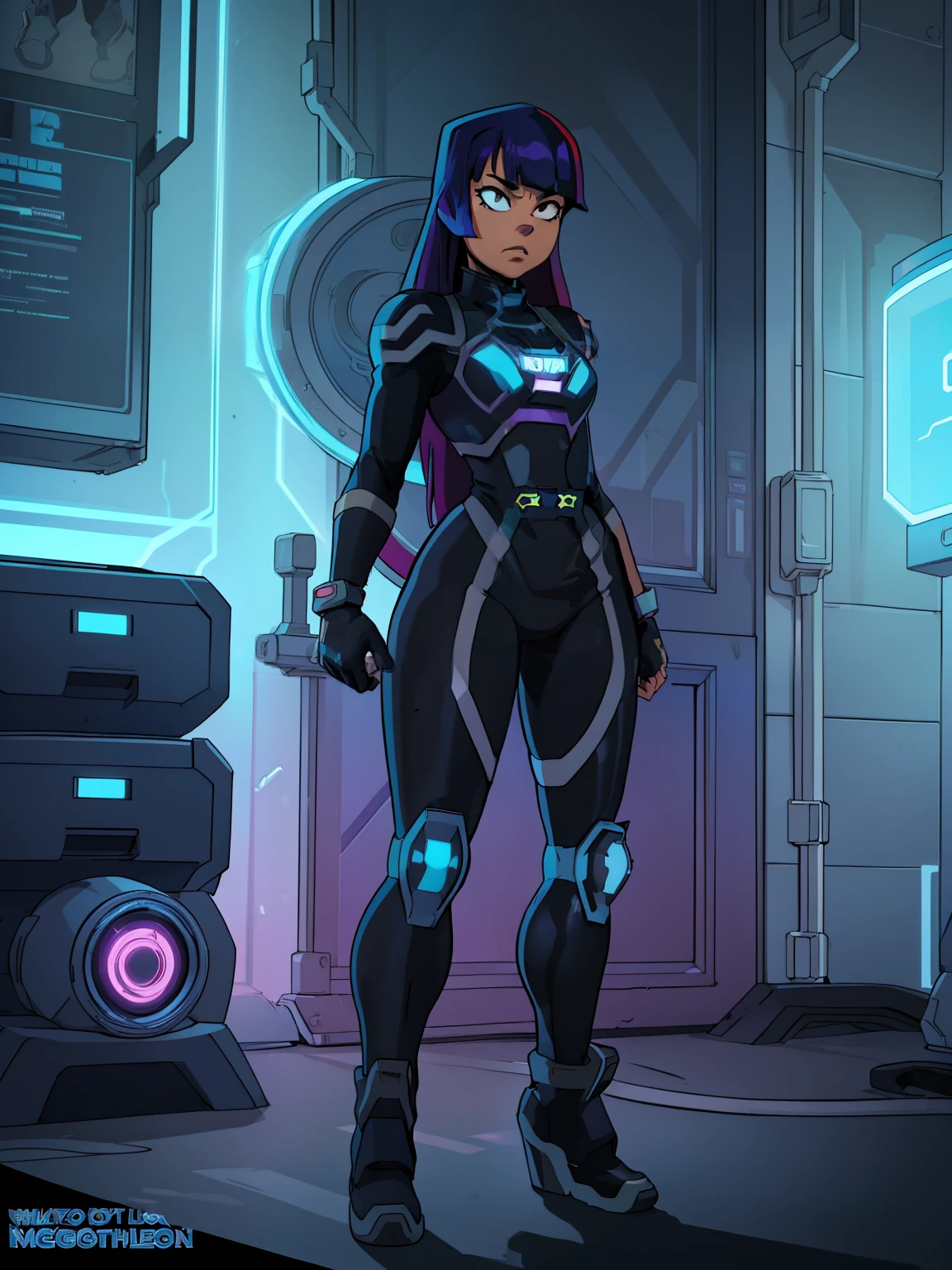 (((My Hero Academia Style))), 1girl, Female, Miko Kubota, Long hair, Violet blue hair with magenta shine, hime cut, light complexion, neon blue eyes, medium breast, long hips, round hips, wide hips, thick thighs, wide thighs, ((TRON Legacy Style)), black tight full body wetsuit, tight wetsuit, black wetsuit, full body wetsuit, tight black wetsuit, tight wetsuit, black wetsuit, Wetsuit, ((Glitch Tech Series Style)), Silver Tech Armor with Neon Blue Light, Silver Shoulder Pads Armor with Neon Blue Light, Silver Bracers Armor with Neon Blue Light, Silver Breastplate Armor with Neon Blue Light, silver knee pad armor with neon blue light, silver knee pad armor with neon blue light, (Full Body Photo: 1.5), Perfect Anatomy, Perfect Hands, super detailed, standing, standing pose, cowboy shot , cowboy shot pose, looking at viewer, neon light in the background, glitch lights in the background, neon glitches in the background,