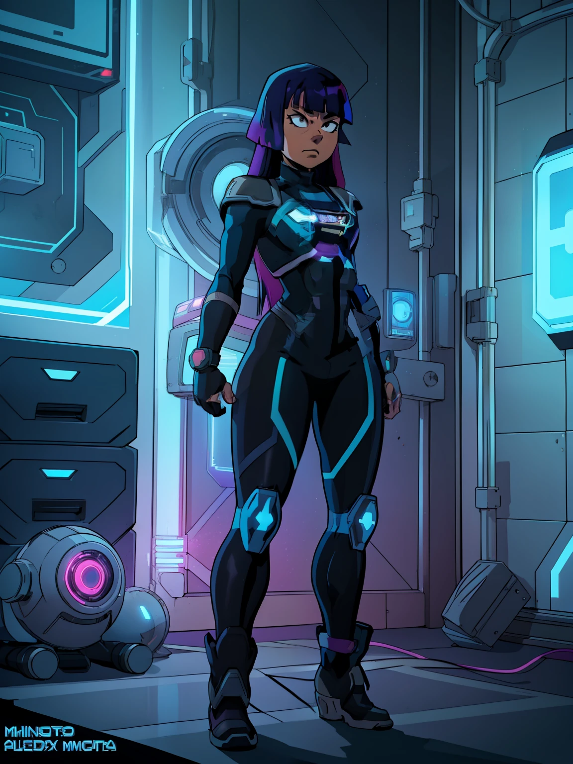 (((My Hero Academia Style))), 1girl, Female, Miko Kubota, Long hair, Violet blue hair with magenta shine, hime cut, light complexion, neon blue eyes, medium breast, long hips, round hips, wide hips, thick thighs, wide thighs, ((TRON Legacy Style)), black tight full body wetsuit, tight wetsuit, black wetsuit, full body wetsuit, tight black wetsuit, tight wetsuit, black wetsuit, Wetsuit, ((Glitch Tech Series Style)), Silver Tech Armor with Neon Blue Light, Silver Shoulder Pads Armor with Neon Blue Light, Silver Bracers Armor with Neon Blue Light, Silver Breastplate Armor with Neon Blue Light, silver knee pad armor with neon blue light, silver knee pad armor with neon blue light, (Full Body Photo: 1.5), Perfect Anatomy, Perfect Hands, super detailed, standing, standing pose, cowboy shot , cowboy shot pose, looking at viewer, neon light in the background, glitch lights in the background, neon glitches in the background,