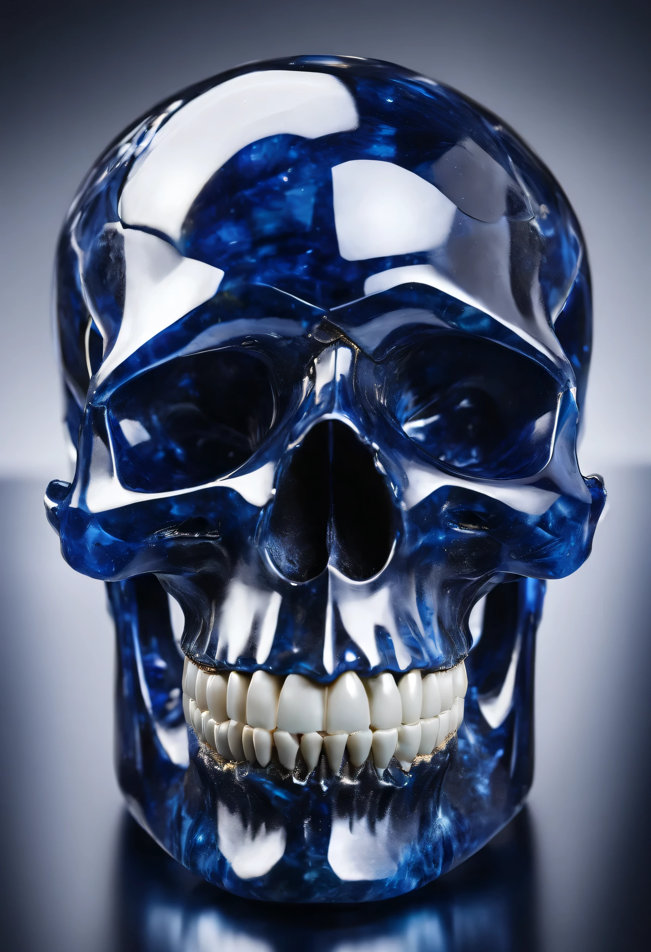 Close-up photograph from the ((front-left hand side)) of a highly detailed ((Sapphire Skull)), the (skull is solid sapphire:1.6), highly polished sapphire, (best quality,4k,8k,highres,masterpiece:1.2), ultra-detailed, (realistic,photorealistic,photo-realistic:1.37), HDR, UHD, studio lighting, (Glass-like material), vibrant colours, surreal, intricate details, mesmerizing, ethereal,  reflections, product atmosphere, captivating, clean, light refractions, kaleidoscopic reflections
