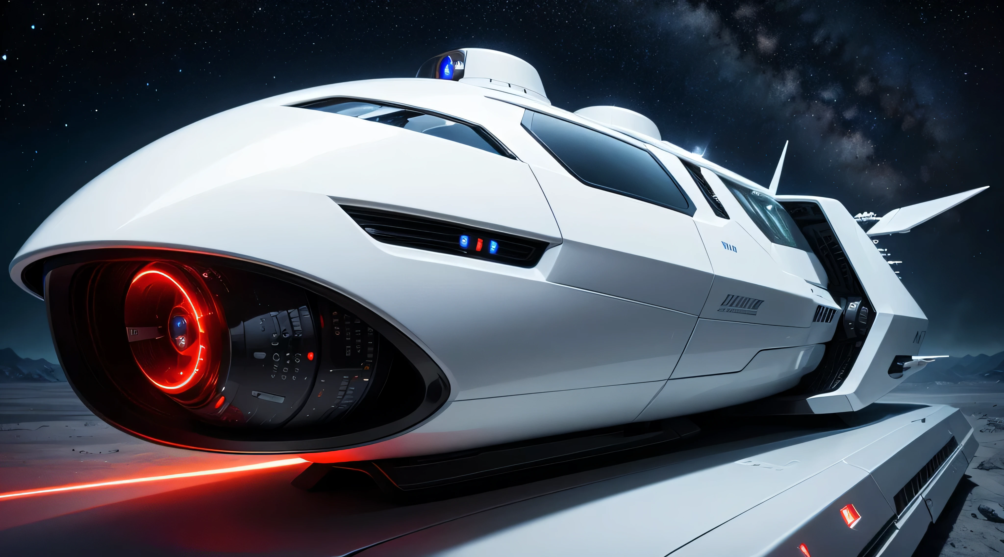 ((best quality: 1.5)) ((masterpiece: 0.8)), intricate details, sharp focus, professional, photorealistic, outer space background, BREAK, ((futuristic white chrome attack spacecraft, side view)), red lasers, fujicolor, hyperrealistic