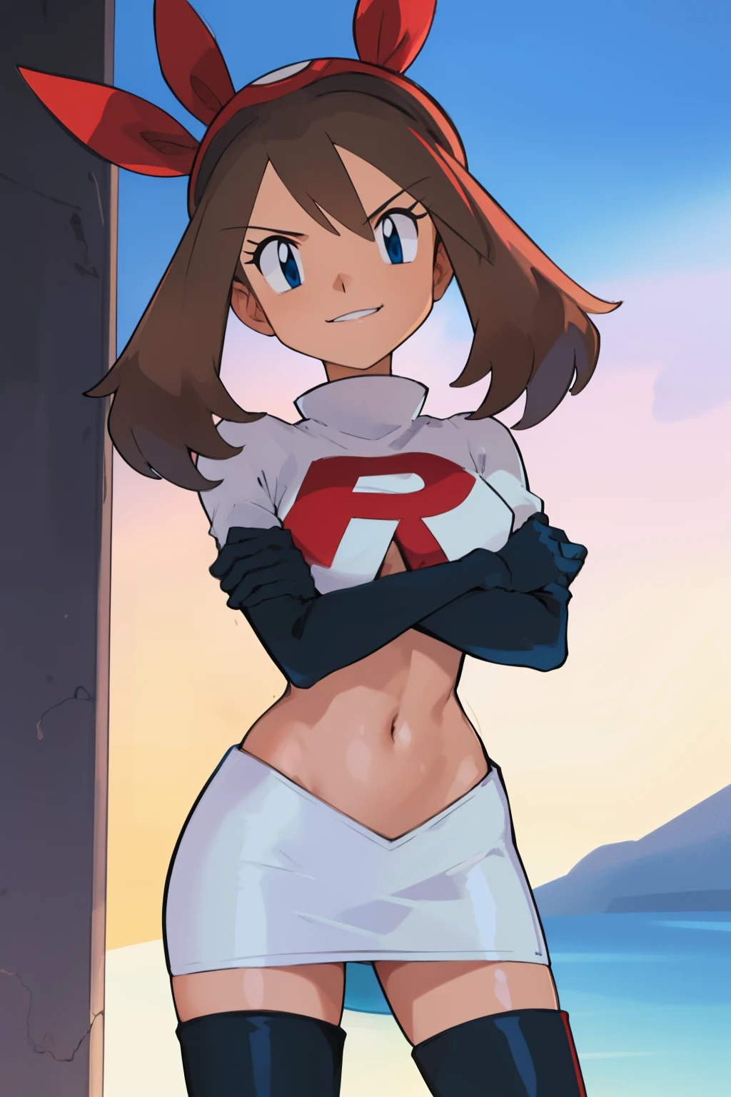 masterpiece, best quality, highres, outdoors, 1girl, solo, may (pokemon),  glossy lips ,team rocket uniform, red letter R, white skirt,white crop top,black thigh-high boots, black elbow gloves, evil smile, looking at viewer, cowboy shot, arms crossed