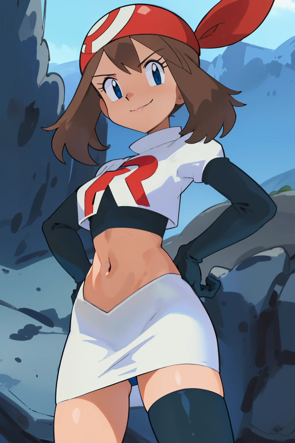 masterpiece, best quality, highres, outdoors, 1girl, solo, may (pokemon),  glossy lips ,team rocket uniform, red letter R, white skirt,white crop top,black thigh-high boots, black elbow gloves, evil smile, looking at viewer, cowboy shot, arms crossed