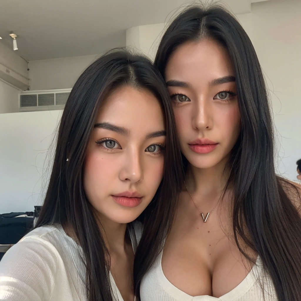 ((best quality)), ((masterpiece)), (detailed), perfect face, 1girl, a portrait of a young woman with a face that is a blend of Swedish and Koreans features. The woman has a heart-shaped face, almond-shaped eyes, and a small nose. Her hair is long and straight, with a light brown color. wearing v-neck shirt and pants
