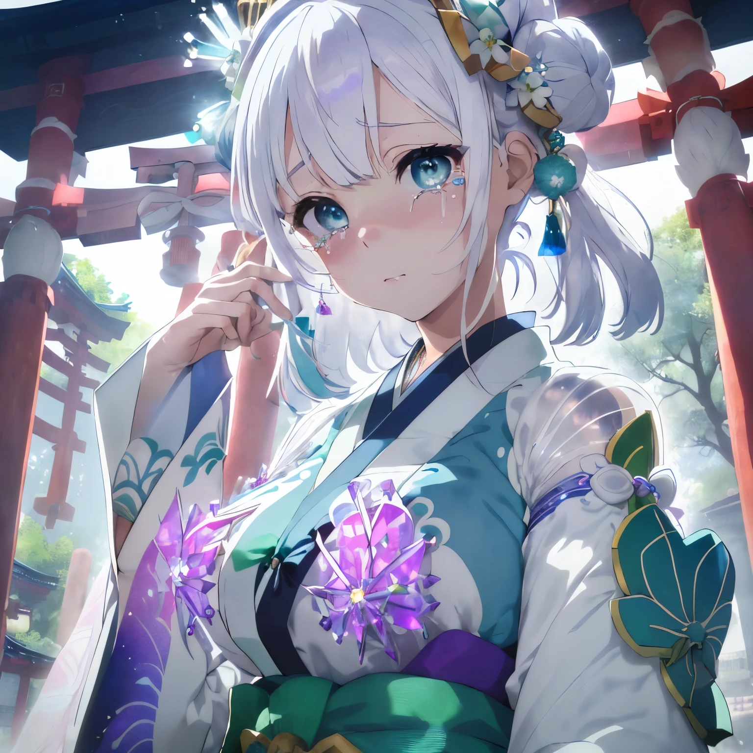 (white hair:1.2),(Twin-tailed:1.2),(Light purple eyes),(With bangs),(First visit to a shrine:1.25),(colourfull:1.2),(Staring at me),(Japanese pattern clothing:1.4),(accessories like flowers and crystals:1.3),(Lower breast:1.5),(Transparent double sleeve long sleeves:1.5),(chest protruding from clothes,:1.4),(Crying:1.3),(A clinging face:1.35),Slight red tide,(Kamimei),(Close-up of face 1.5),(blue and white and light blue and green:1.25),(front view:1.6),