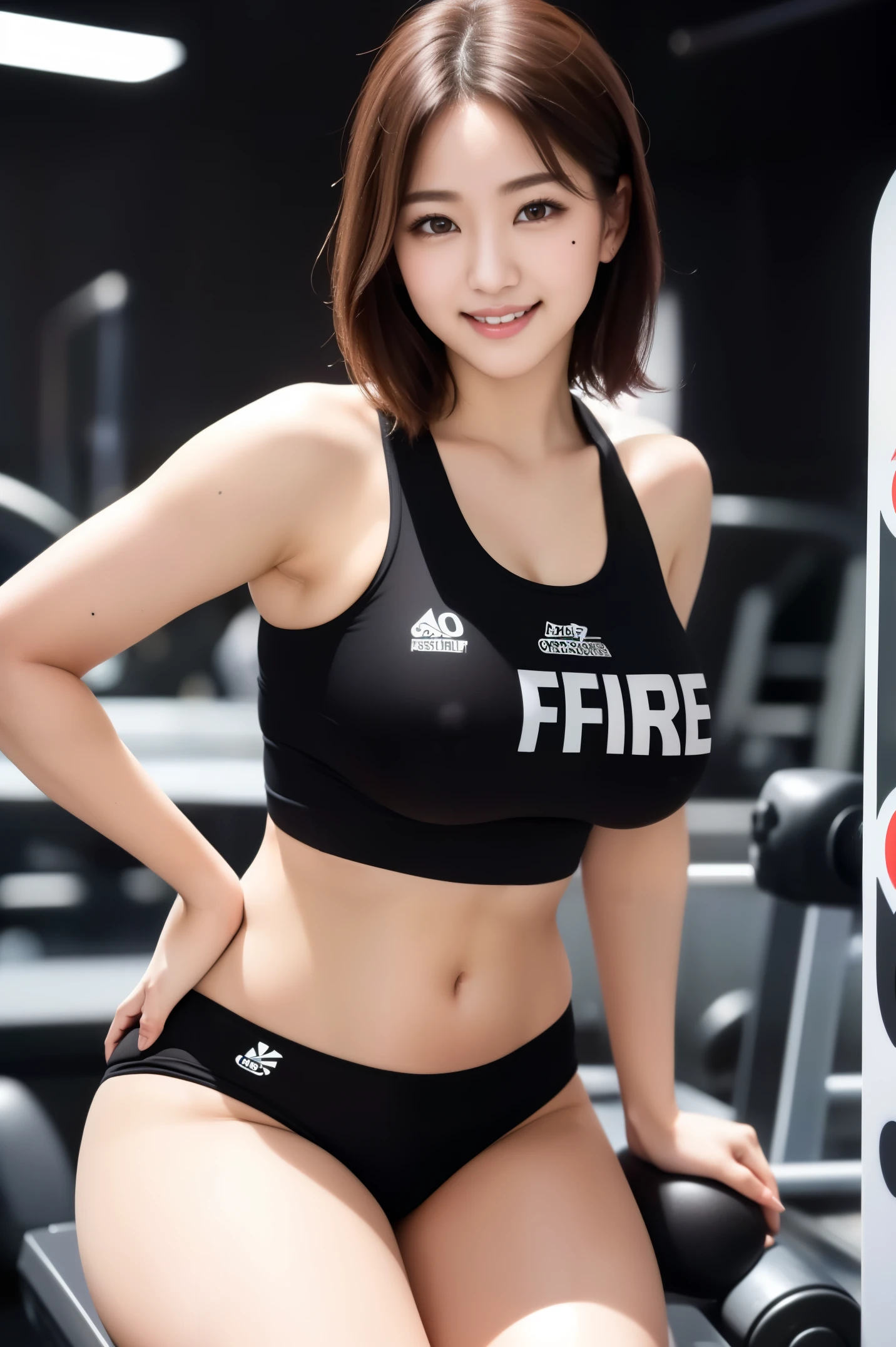 One Japan Women、
(((masterpiece))), ((top-quality)), ((intricate detailes)), (((hyper realisitic)), Absurd resolution, Near and far law, ighly detailed, Realistic, 1girl in, ((Colossal )), perfect hand, Detailed finger, beatiful detailed eyes, shorth hair,,(Black sportswear:1.2), 细致背景、sports gym, perfect eyes, mesmerizing eyes, Look at viewers, from the front side、A smile、Mole on the mouth、thighs thighs thighs thighs,