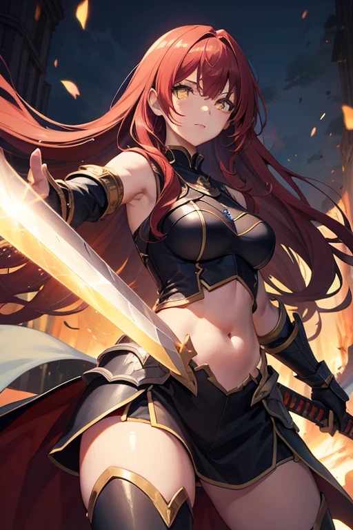 Tall girl, Long red hair, yellow eyes, knight armor, Sleeveless, open belly, Sword and bow, combat stance, Masterpiece, hiquality