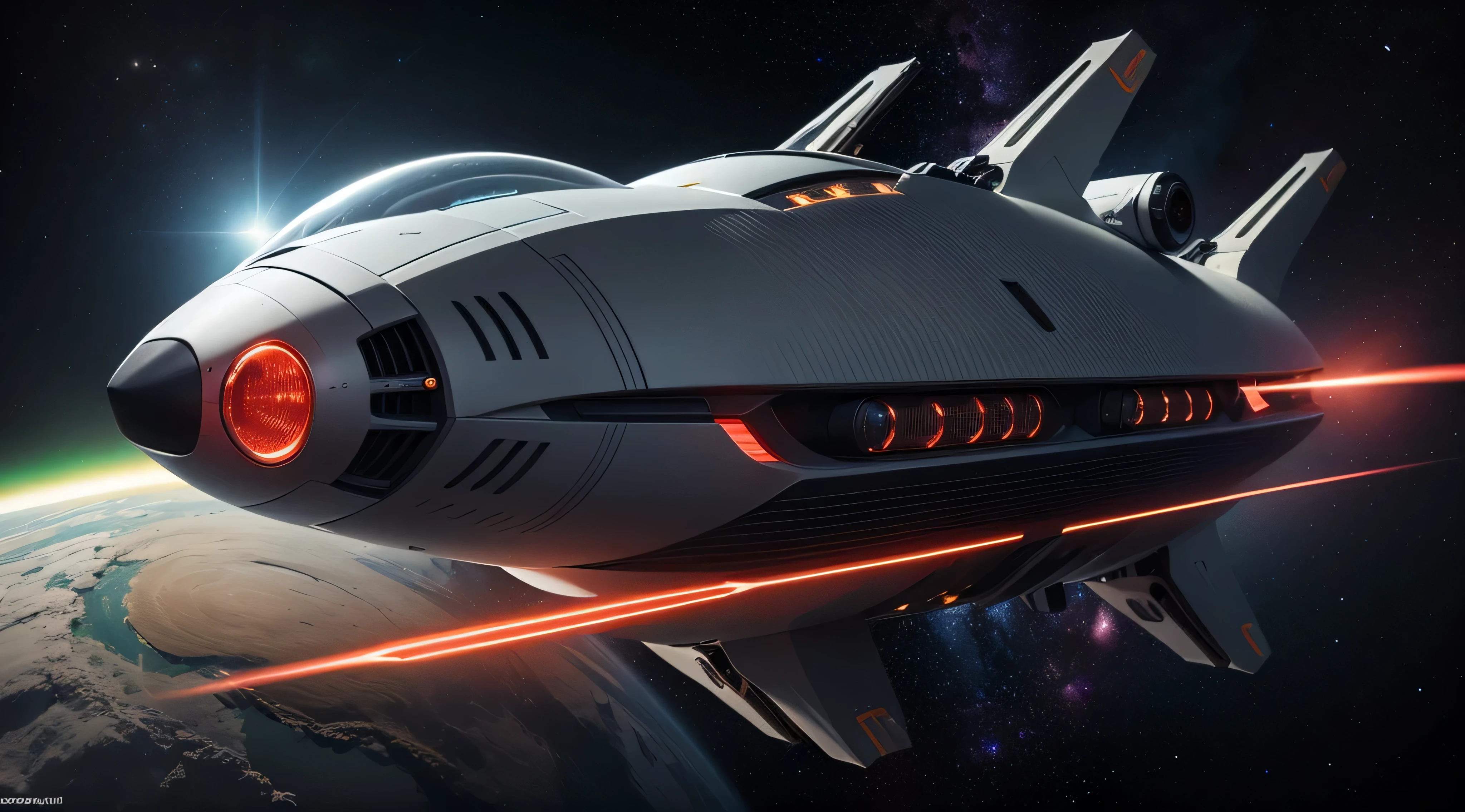 ((best quality: 1.5)) ((masterpiece: 0.8)), intricate details, sharp focus, professional, photorealistic, outer space background, BREAK, ((futuristic matte gray luxury spacecraft, side view)), red lasers, fujicolor, hyperrealistic