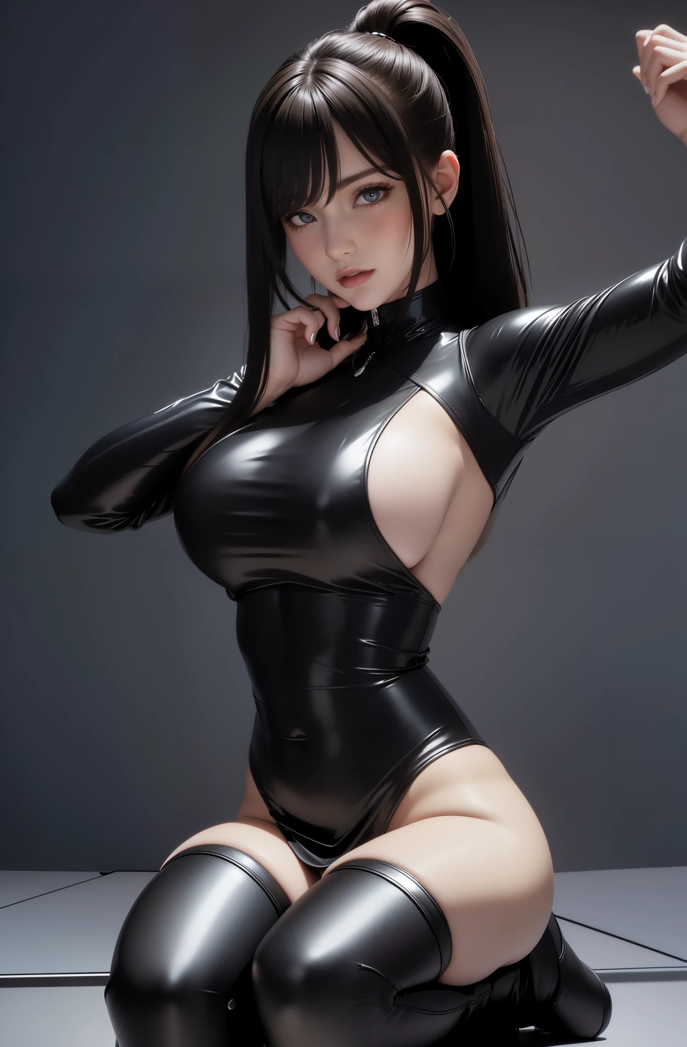 high detail, wearing (tight shirt:1.2), beautiful detailed face, hazel eyes, long blonde hair, (attractive young woman:1.3), (seductive:1.1), (blushing:1.1), hourglass body shape, dark red latex short skirt, big round breasts, wide hips,