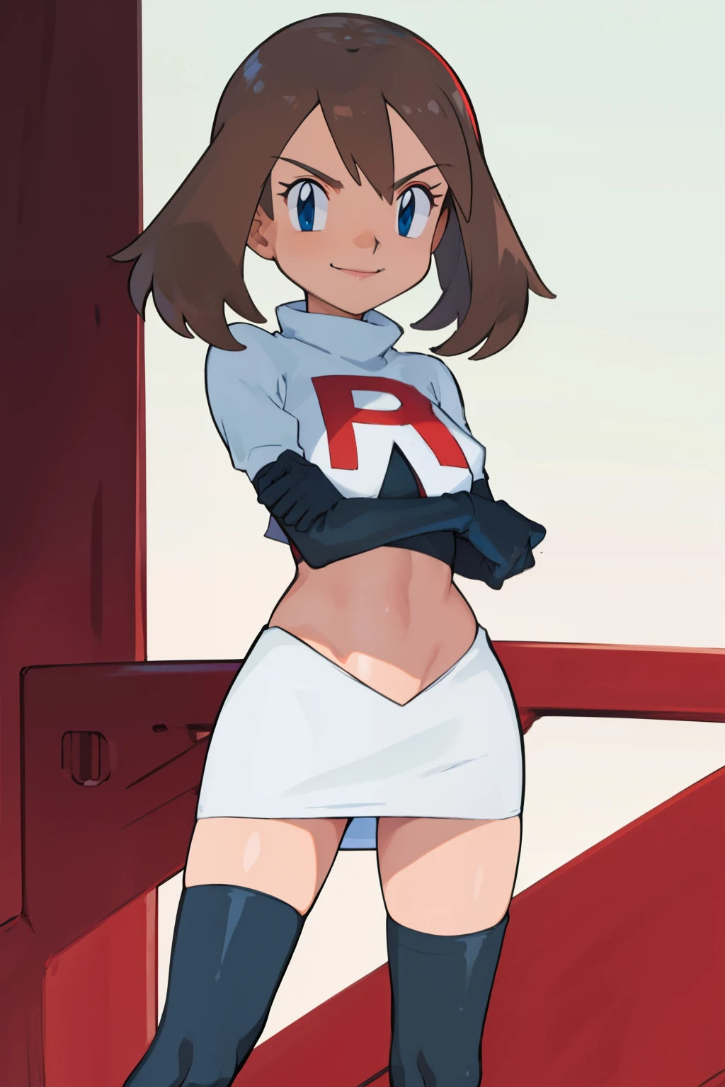 masterpiece, best quality, highres, outdoors, 1girl, solo, may (pokemon), glossy lips ,team rocket uniform, red letter R, white skirt,white crop top,black thigh-high boots, black elbow gloves, evil smile, looking at viewer, cowboy shot, arms crossed