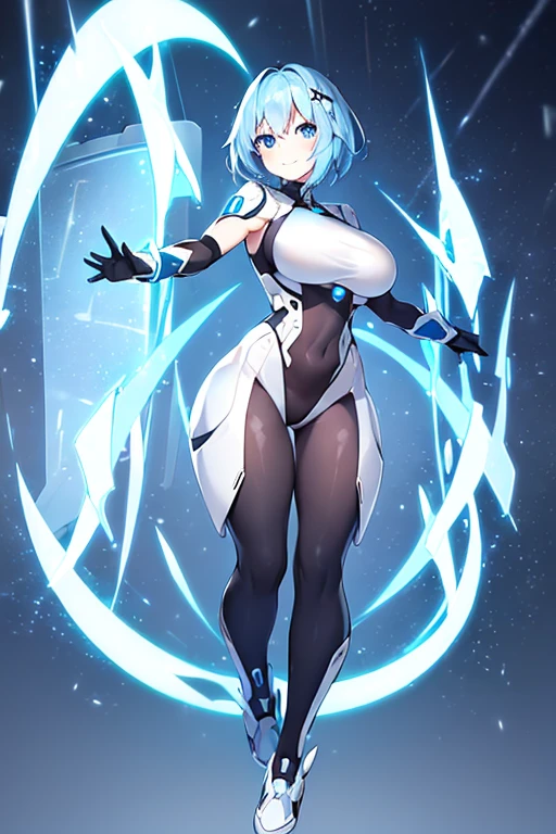 1girl, blue hair, light skin, white skin, light-skinned female, very short hair, smile, breasts, leotard, white leotard, pantyhose, black pantyhose, neon, futuristic, science-fiction, full_body, ((full body))
