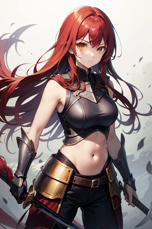 Tall girl, Long red hair, yellow eyes, knight armor, Sleeveless, open belly, Sword and bow, combat stance, Masterpiece, hiquality