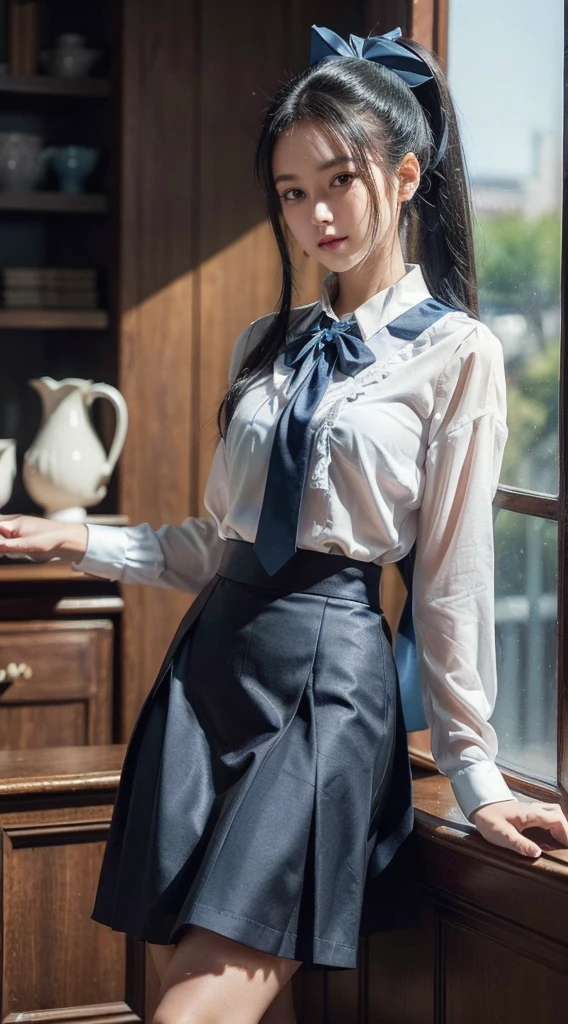 Master piece, Top Quality, very high resolution, very detailed, Detailed background, (Fraulem Chrome, (black hair, semi-long hair, Blue ribbon in ponytail), (white blouse, Blue Short Ribbon Tie, long blue skirt), small, neat, black eyes, Study, soft smile), Scaled, Study Chic, vase